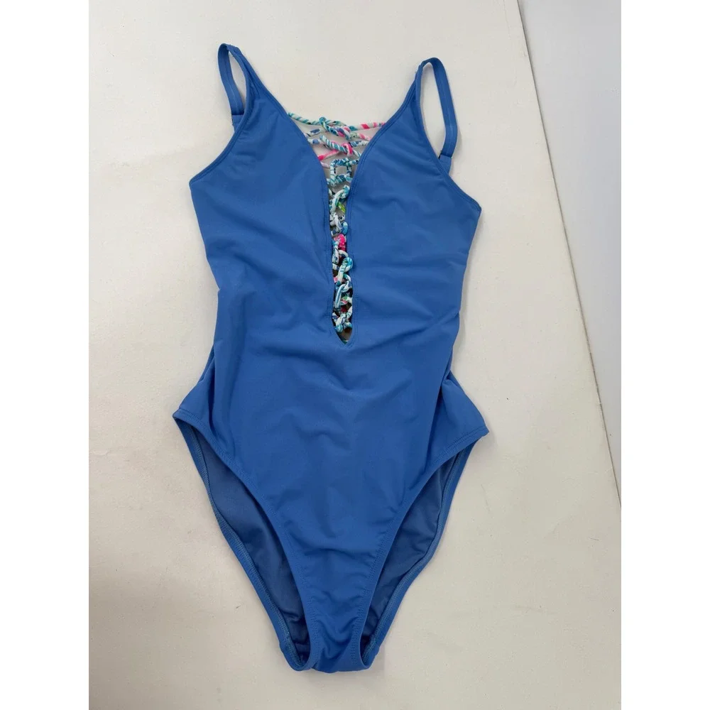 Lilly Pulitzer Blue Lace Up One Piece‎ Swimsuit Floral Cord Detail Womens Sz 2S